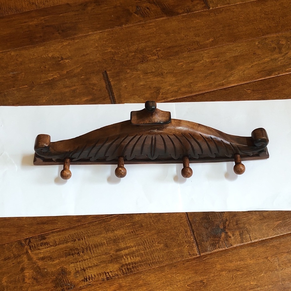 Hand Carved Wood Thailand Thai Coat Clothes Hooks Hanger Hall Tree Entry Foyer